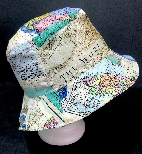 Map Theme Bucket Hat, Reversible, World Travel, Geography, Tourist Hat, Cruise Hat, Traveler Gift, Cartography, ponytail hat, up to 4XL