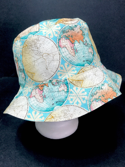 Map Theme Bucket Hat, Reversible, World Travel, Geography, Tourist Hat, Cruise Hat, Traveler Gift, Cartography, ponytail hat, up to 4XL