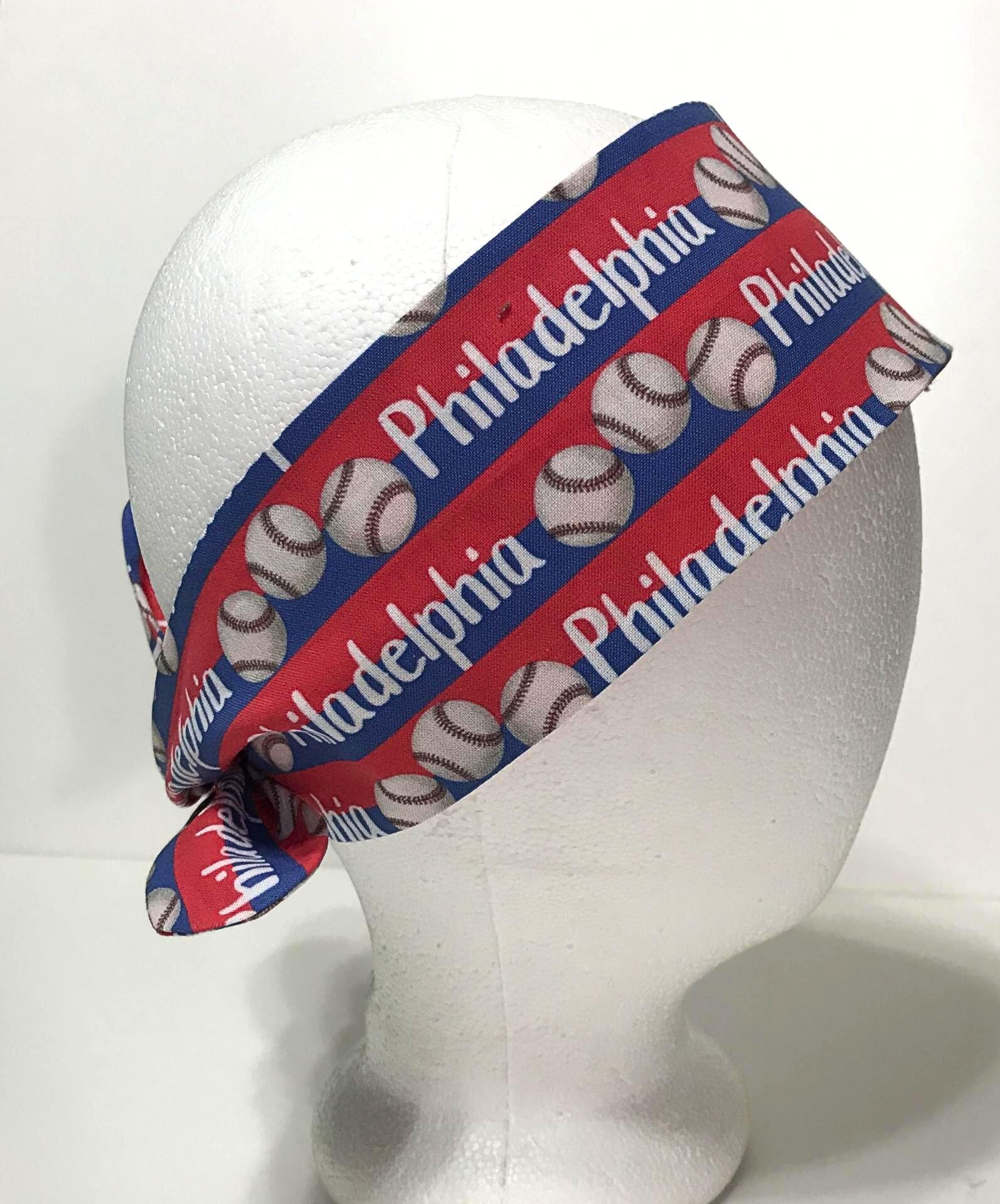 3” wide Philadelphia baseball headband, self tie, hair wrap, headband, pin up style, scarf, hair tie, bandana, retro, rockabilly