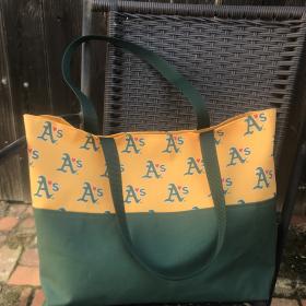 Tote bag, canvas bottom, Love Oakland A's Athletics, hook & loop closure, one interior pocket, polypropylene straps