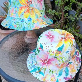 Aqua / White Reversible Watercolor Floral Bucket Hat, S-XXL, Multicolor Summer Flowers, Sun Hat, Floppy Hat, Tropical Hat