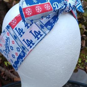 3” Wide LA Dodgers headband, self-tie, Christmas winter theme, handmade, hair tie, scarf, pin up style, hair wrap, retro style, rockabilly