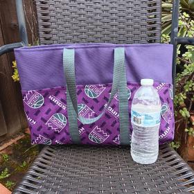 Small canvas heavy duty tote bag, Sacramento Kings, basketball, purple, six exterior pockets, handmade from licensed fabric