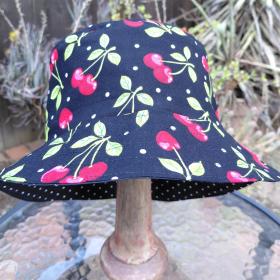 Cherries Bucket Hat, Black & White Polka Dots, Sizes up to 4XL, floppy hat, fishing hat, sun hat, beach hat, summer hat, adults & children
