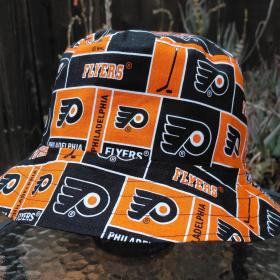 Philadelphia Flyers Bucket Hat, Handmade, Reversible to Black, Sizes up to 4XL, fishing hat, sun hat, floppy hat, ponytail hat, hockey